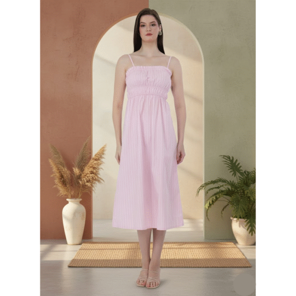 BIRDIE Women’s Pink Striped A-Line Midi Dress